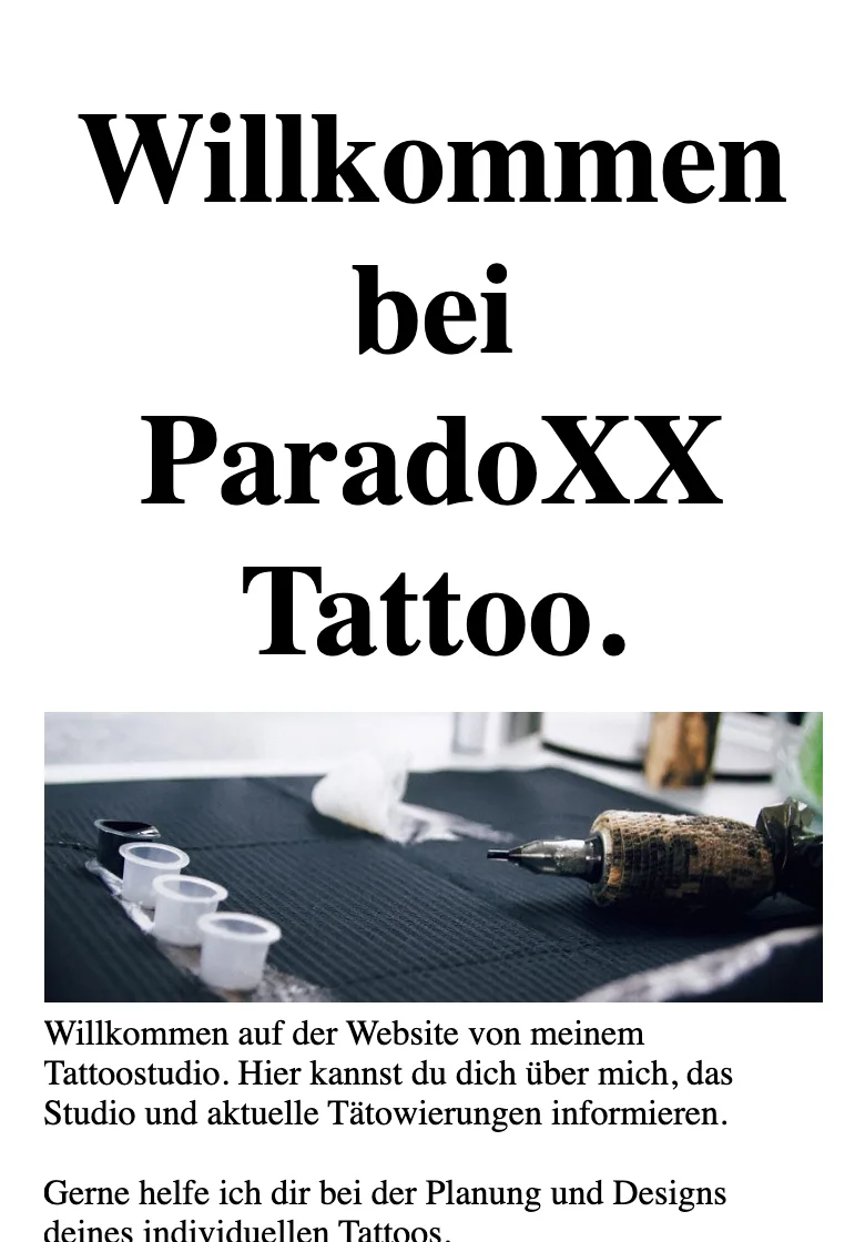 Vorher: alte Baukasten-Website von Paradoxx Tattoo mit Darstellungsfehlern