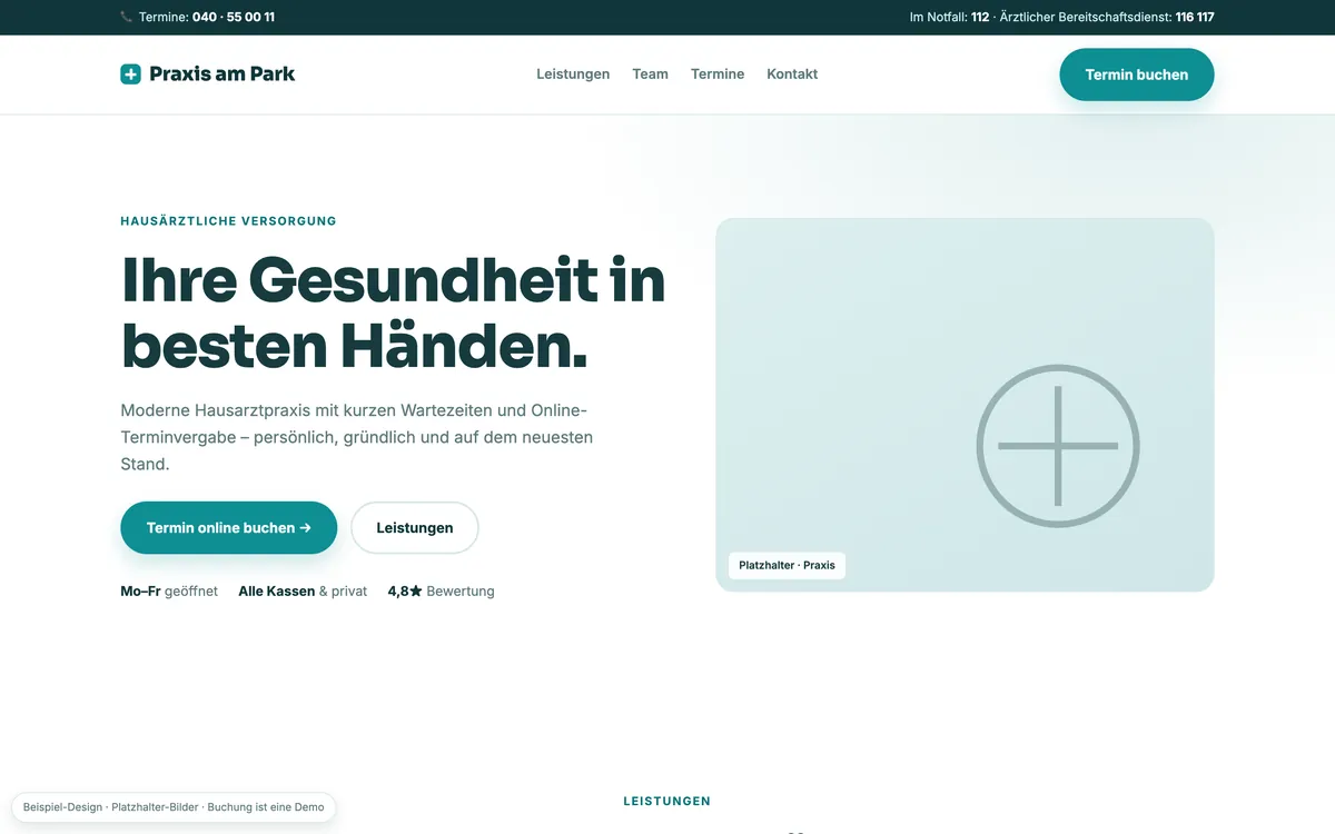 Beispiel einer neu gebauten Website: moderne Hausarztpraxis mit Online-Terminbuchung