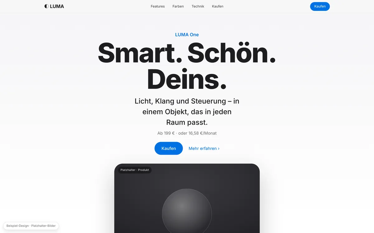 Beispiel einer neu gebauten Website: Premium-Produktseite für ein Tech-Produkt
